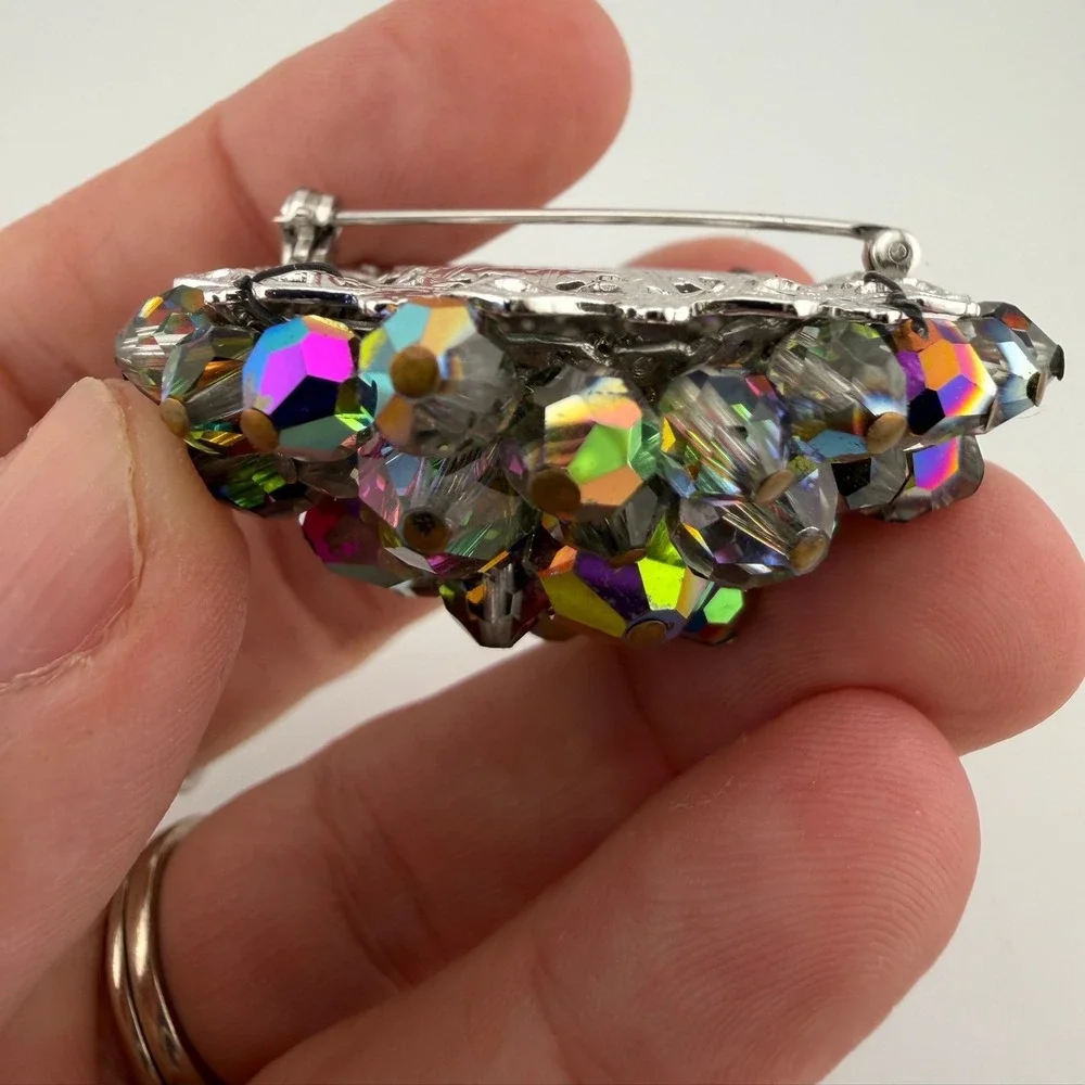 Vintage Dome Crystal Brooch Multicolor AB Aurora Borealis Cluster Filigree Retro